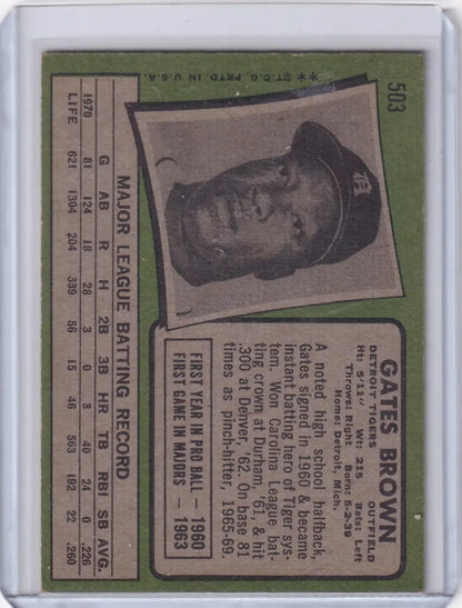 Vintage Topps Baseball card featuring Gates Brown of the Detroit Tigers with green border