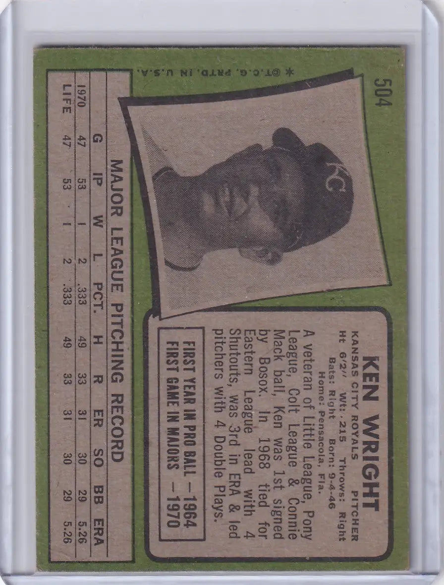 1971 Topps Baseball #504 Ken Wright card featuring Kansas City Royals player portrait and stats