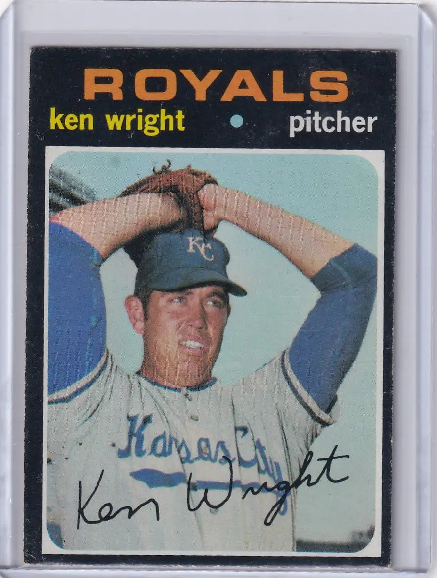 Baseball card of Ken Wright in wind-up pose for Kansas City Royals Topps Baseball