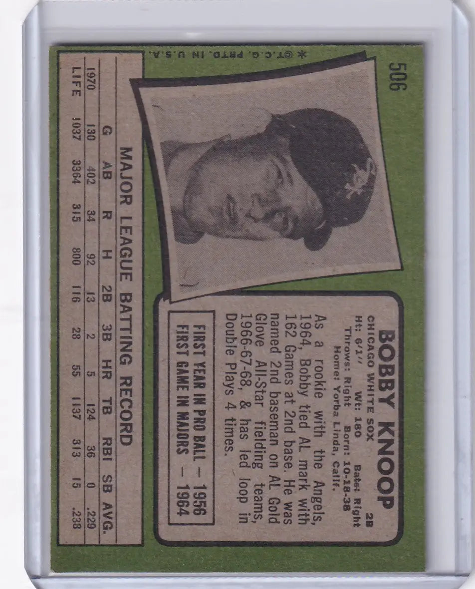 Baseball card of Bobby Knoop from 1971 Topps Baseball, Chicago White Sox portrait