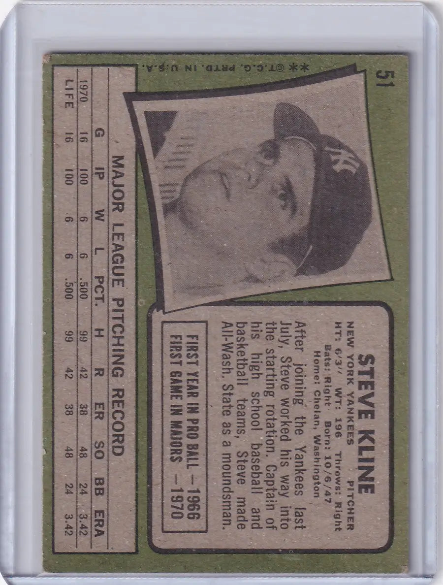 1971 Topps Baseball #51 Steve Kline RC - New York Yankees RC - Baseball Card Single