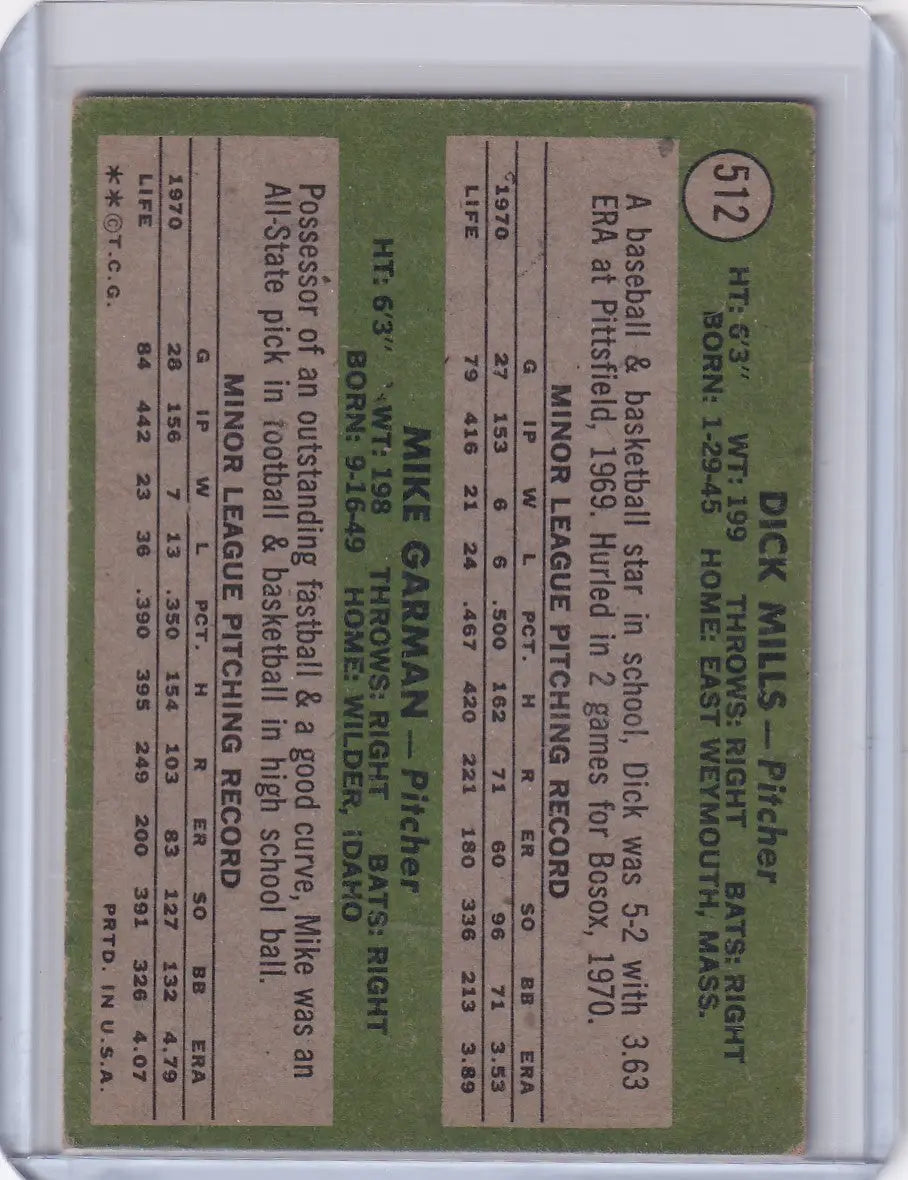 1971 Topps Baseball #512 Red Sox Rookies - Dick Mills / Mike Garman RC