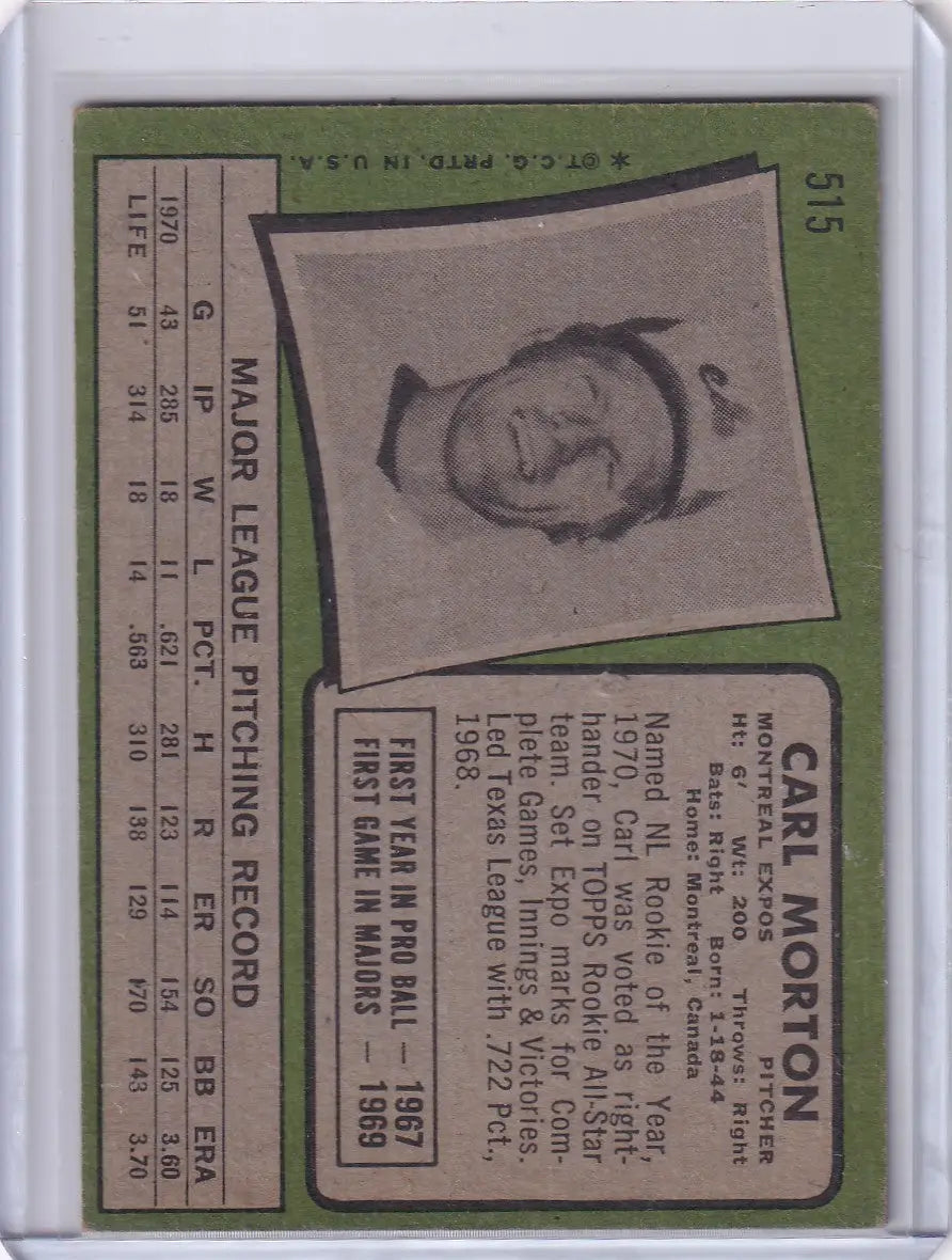 Vintage Topps Baseball card of Carl Morton with black and white portrait on green background