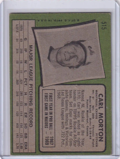 Vintage Topps Baseball card of Carl Morton with black and white portrait on green background