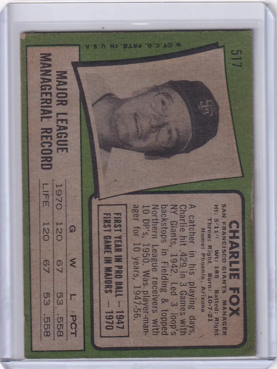 Vintage Charlie Fox baseball card for San Francisco Giants fans and collectors