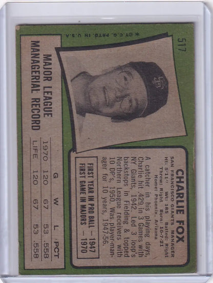 Vintage Charlie Fox baseball card for San Francisco Giants fans and collectors
