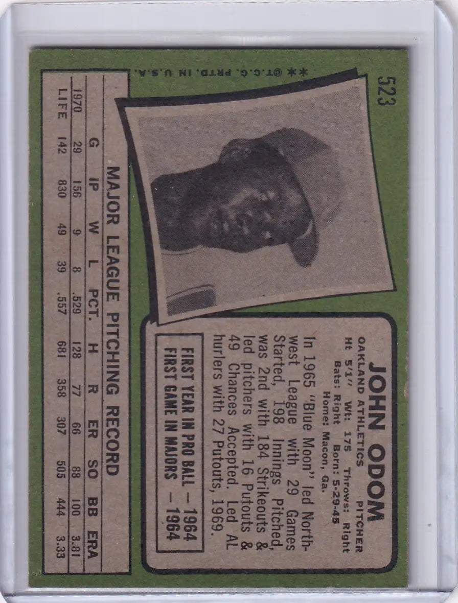Baseball card of Johnny Odom from Topps Baseball, featuring a black and white portrait
