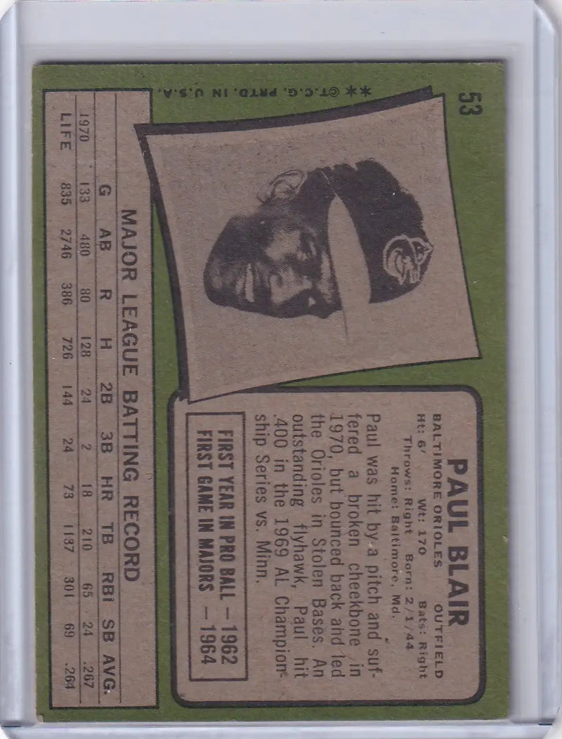 1971 Topps Baseball #53 Paul Blair - Baltimore Orioles