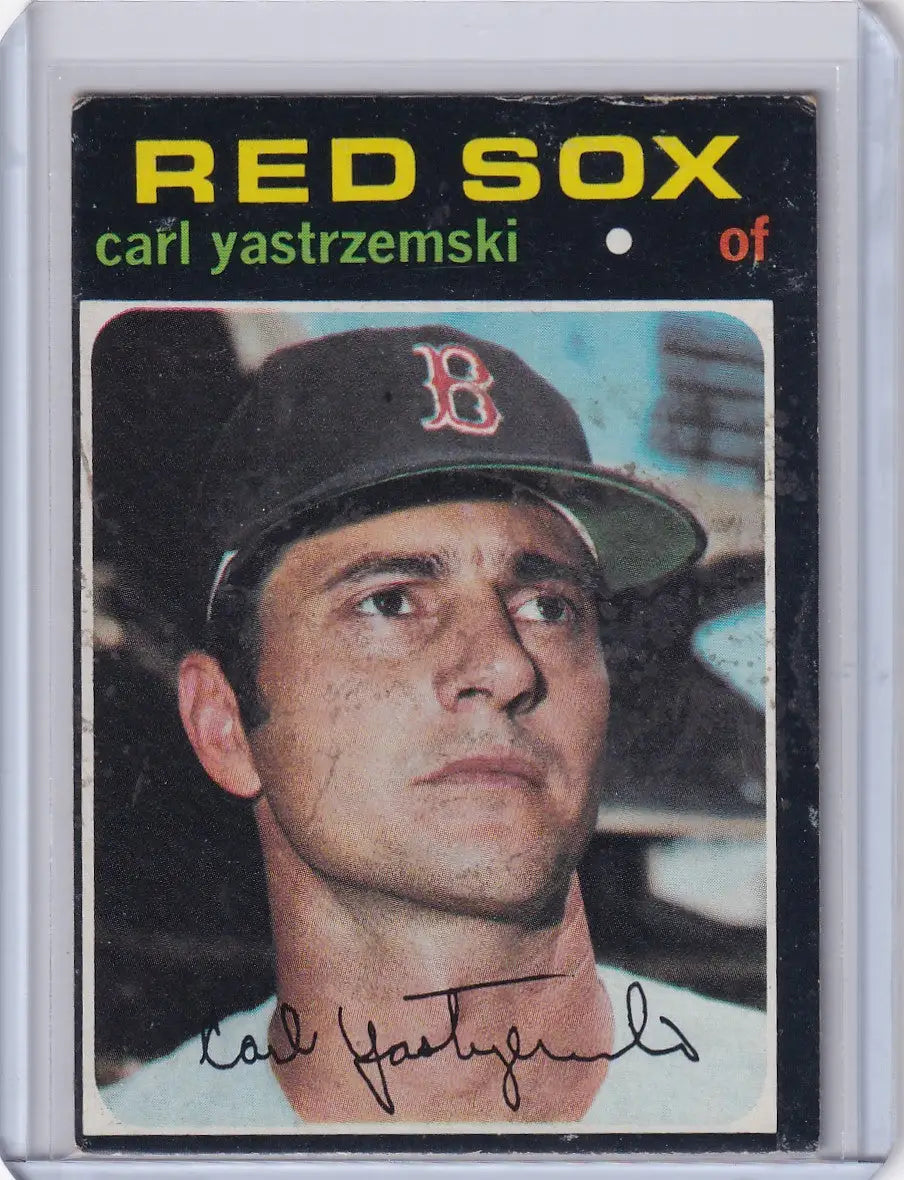 Vintage 1971 Topps Baseball card of Carl Yastrzemski with Boston Red Sox cap