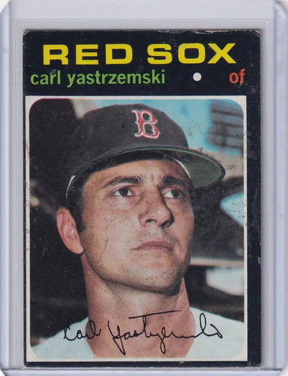 Vintage 1971 Topps Baseball card of Carl Yastrzemski with Boston Red Sox cap