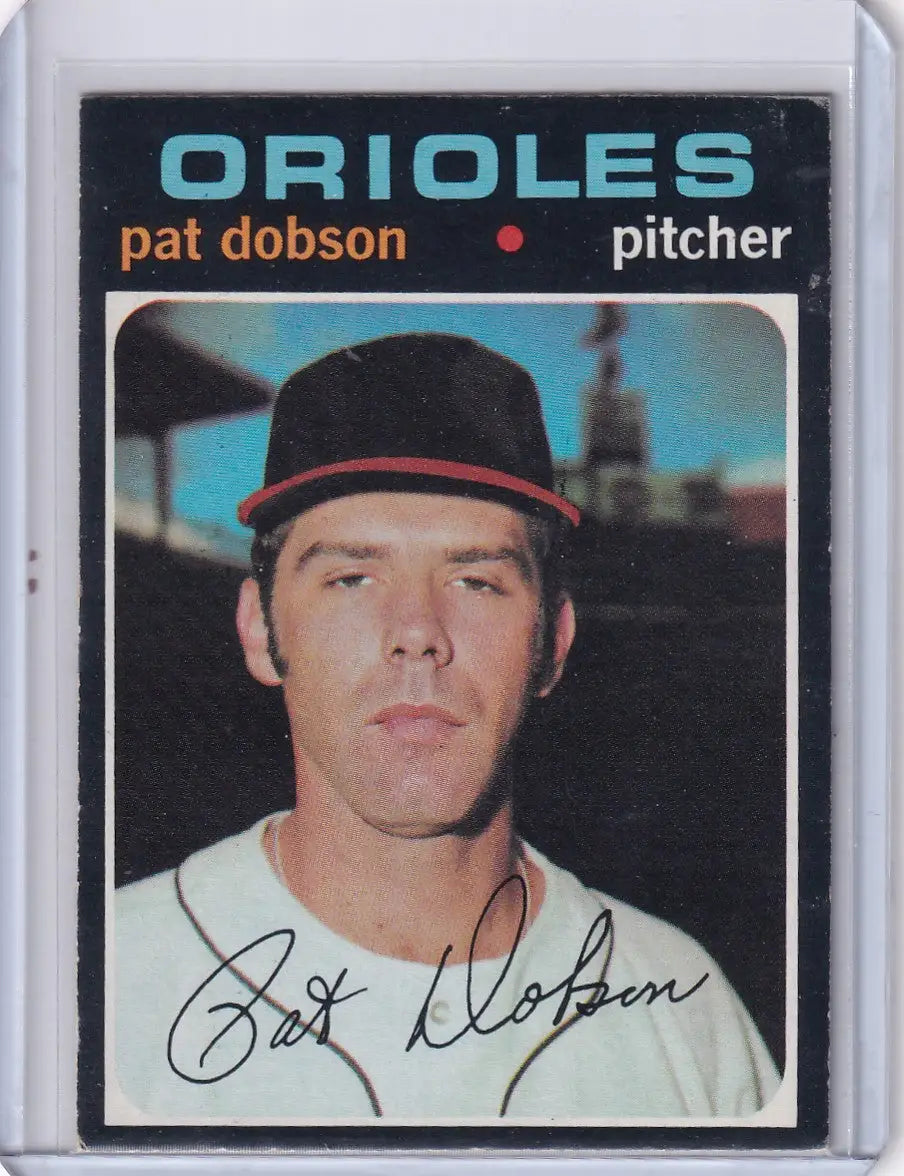 Vintage 1971 Topps Baseball card of Pat Dobson, Baltimore Orioles pitcher in white uniform