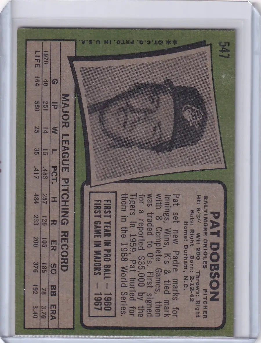 Vintage Topps Baseball card featuring Pat Dobson with Baltimore Orioles photo and green border