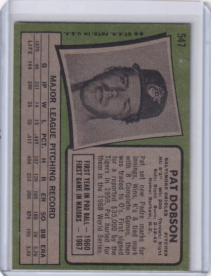 Vintage Topps Baseball card featuring Pat Dobson with Baltimore Orioles photo and green border