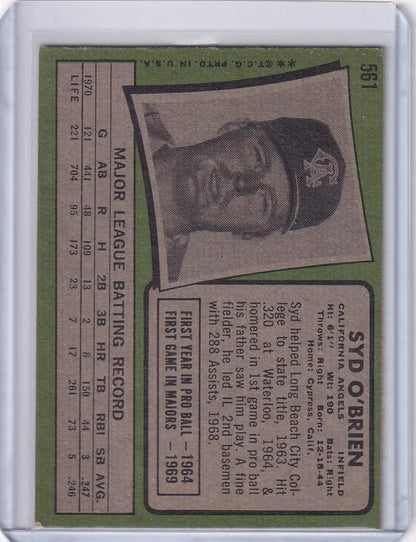 Vintage 1971 Topps Baseball card of Syd O’Brien with California Angels and White Sox cap