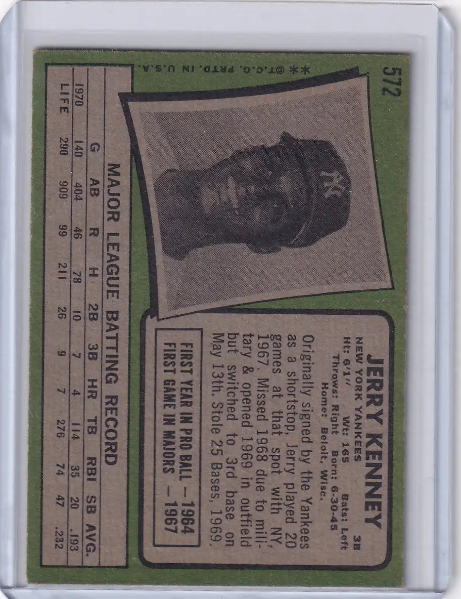 1971 Topps Baseball Jerry Kenney card featuring New York Yankees collectible