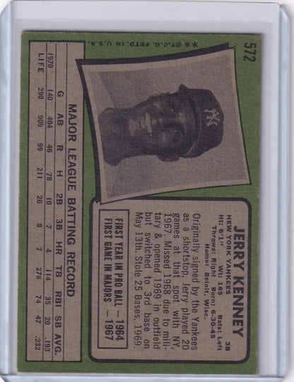 1971 Topps Baseball Jerry Kenney card featuring New York Yankees collectible