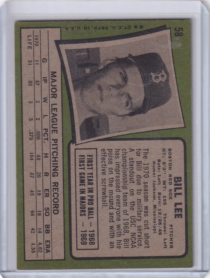 1971 Topps Baseball #58 Bill Lee - Boston Red Sox