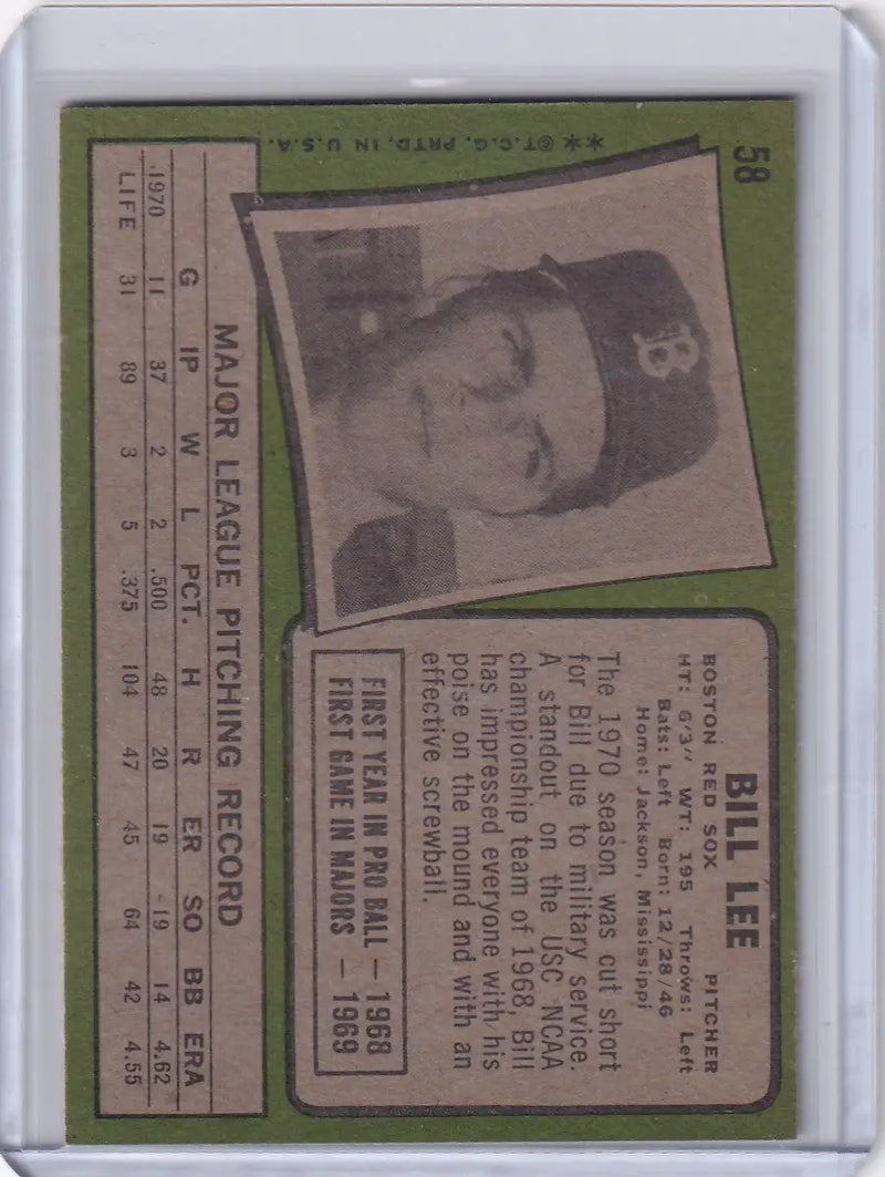 Baseball card of Bill Lee from the Boston Red Sox in 1971 Topps Baseball series