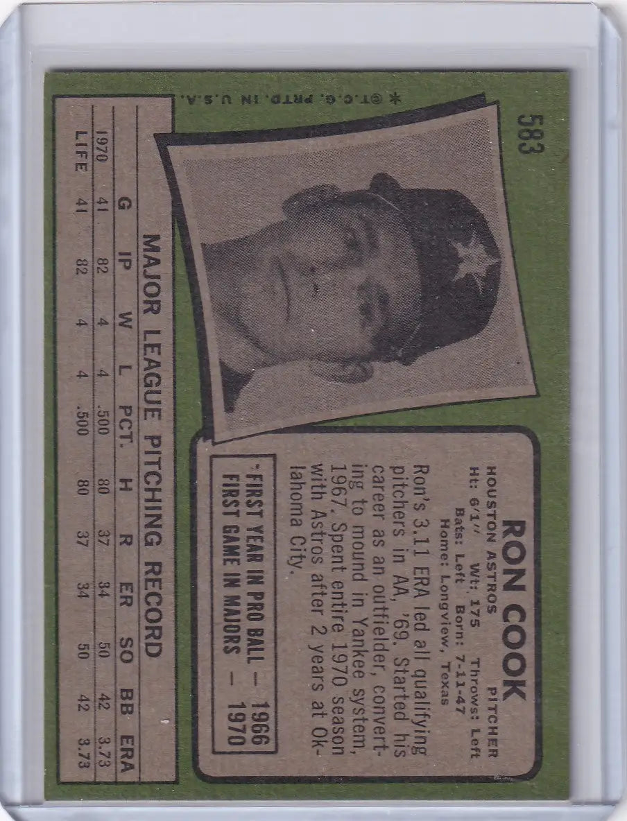 Vintage 1971 Topps Baseball card featuring Ron Cook of the Houston Astros RC