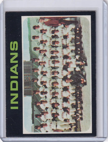 Vintage Cleveland Indians team photograph in white uniforms for Topps Baseball collectors