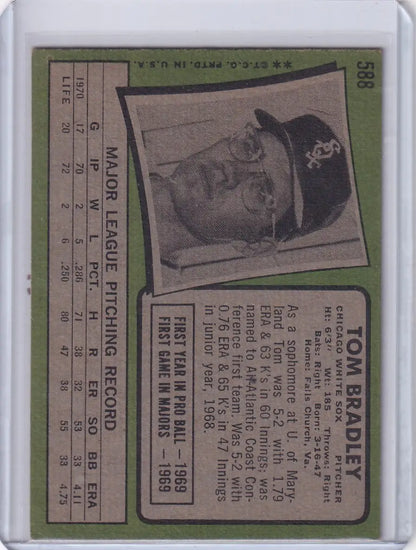 Vintage Topps Baseball card of Tom Bradley, Chicago White Sox player with green border