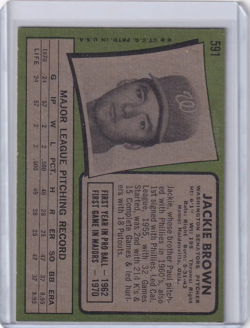Vintage 1971 Topps Baseball #591 card featuring Jackie Brown of the Washington Senators