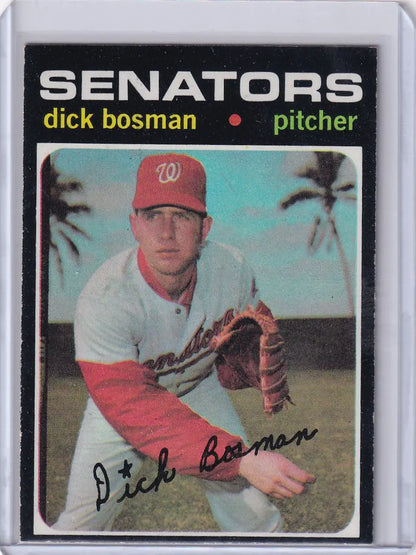 Topps Baseball card of Dick Bosman, Washington Senators pitcher in pitching stance