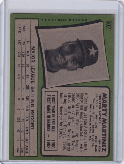 1971 Topps Baseball #602 Marty Martinez card featuring Houston Astros with green border