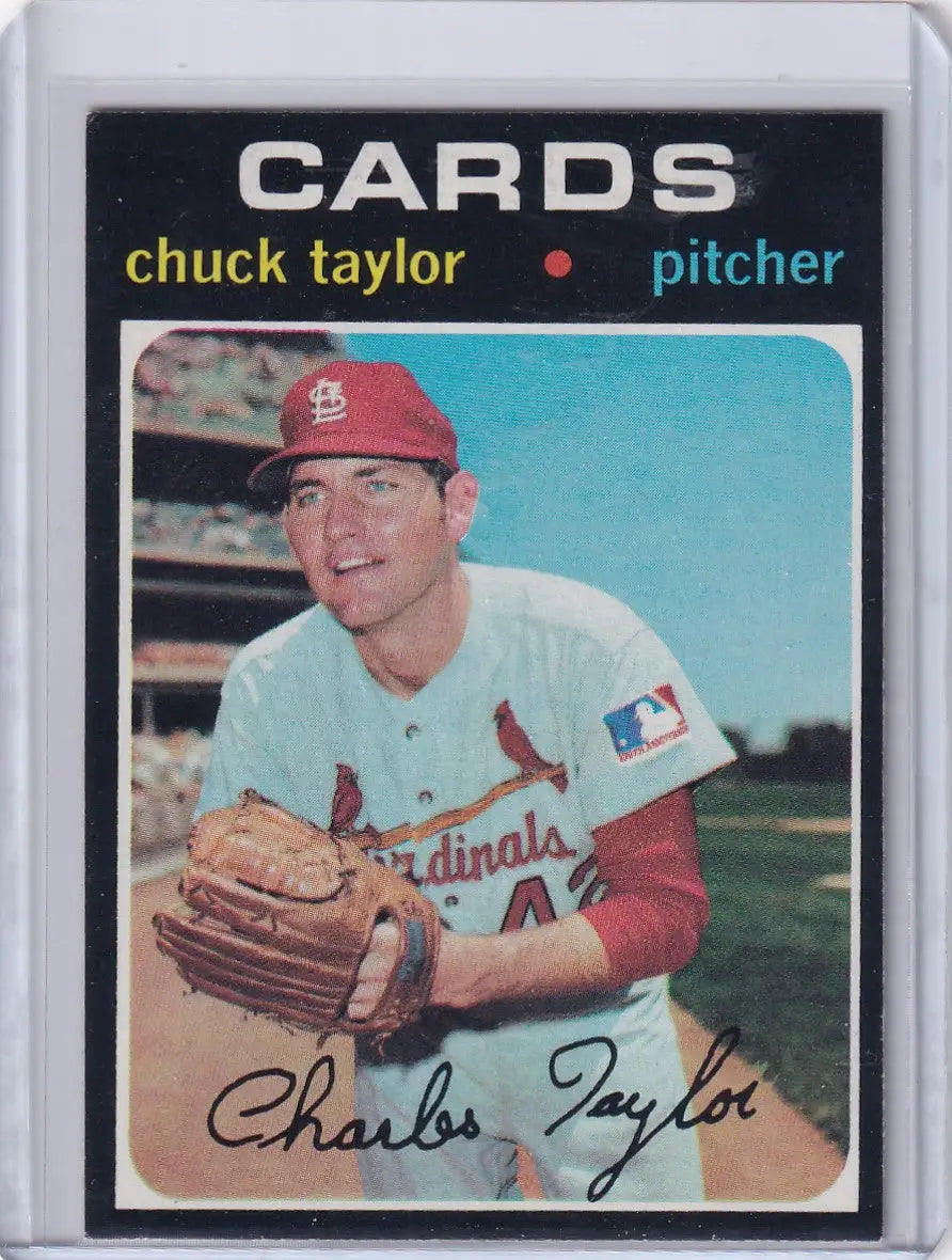 1971 Topps Baseball card of Chuck Taylor, St. Louis Cardinals pitcher in white uniform