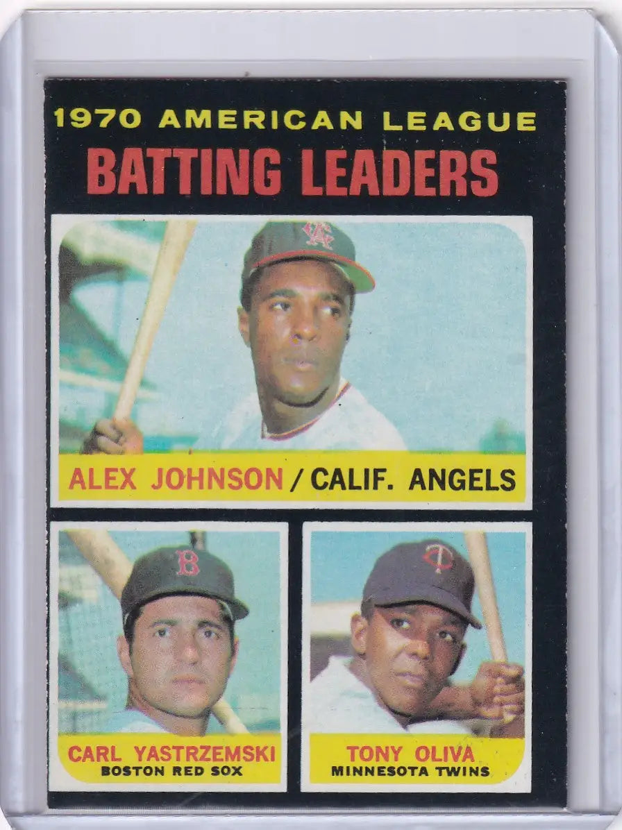 1971 Topps Baseball card featuring 1970 AL Batting Leaders - Johnson, Yastrzemski, Oliva