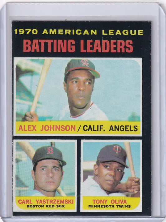 1971 Topps Baseball card featuring 1970 AL Batting Leaders - Johnson, Yastrzemski, Oliva