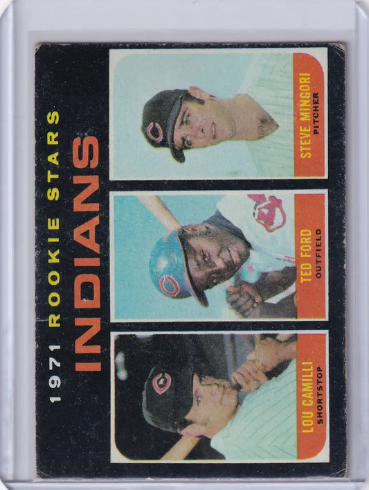 Baseball card of 1971 Topps Baseball Indians Rookies Lou Camilli, Ted Ford, Steve Mingori