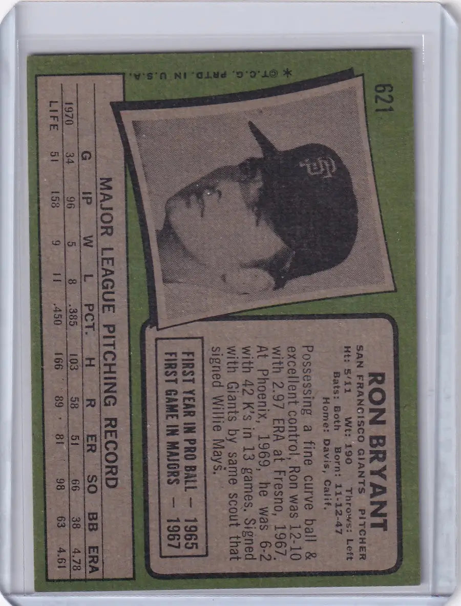 Vintage 1971 Topps Baseball card of Ron Bryant, San Francisco Giants with player stats