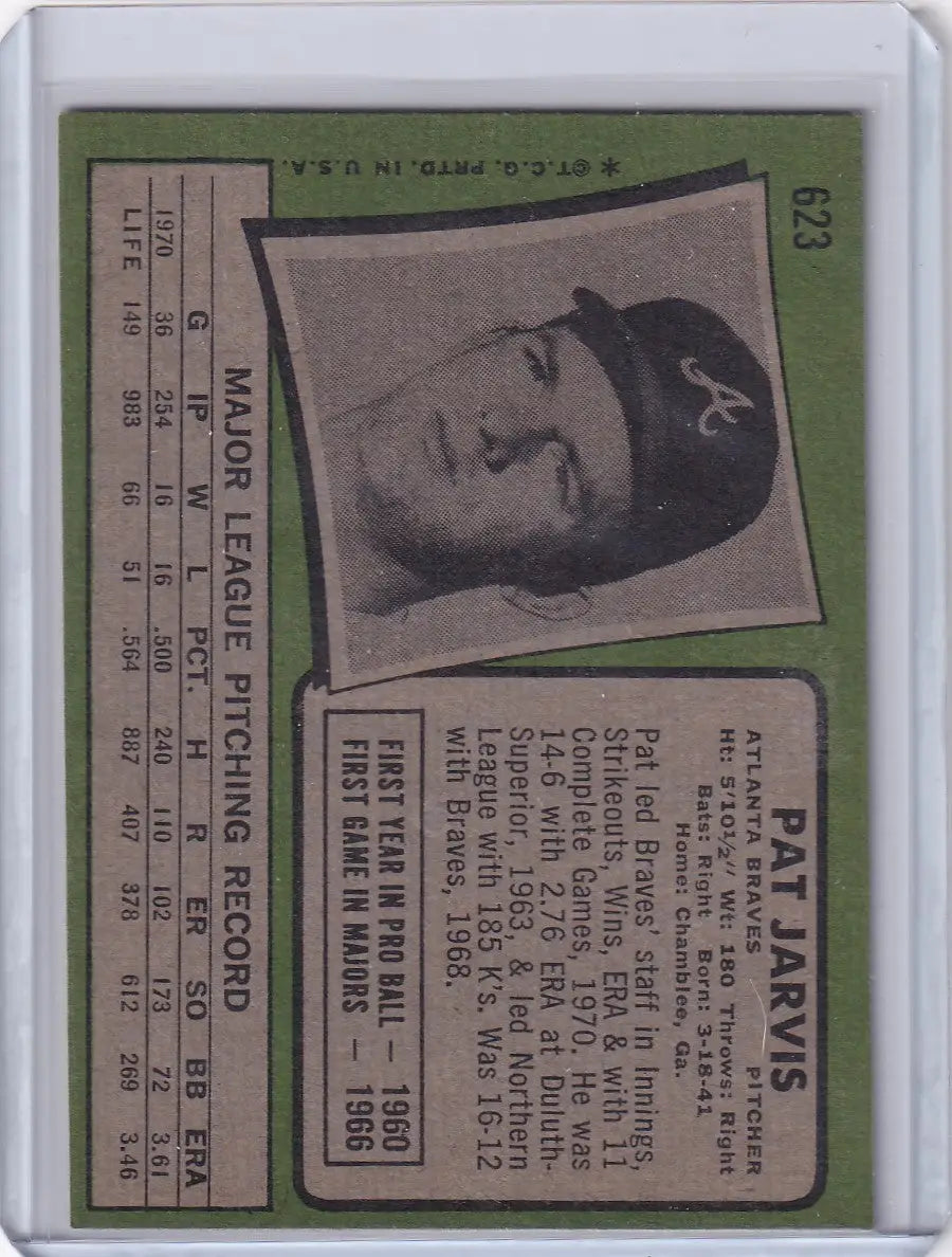 Vintage Topps Baseball card of Pat Jarvis featuring Atlanta Braves player photo