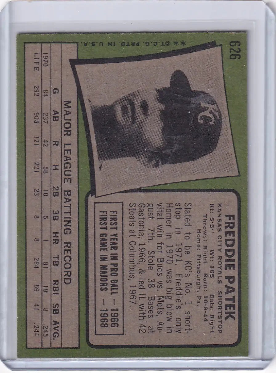 Vintage 1971 Topps Baseball card featuring Freddie Patek of the Kansas City Royals