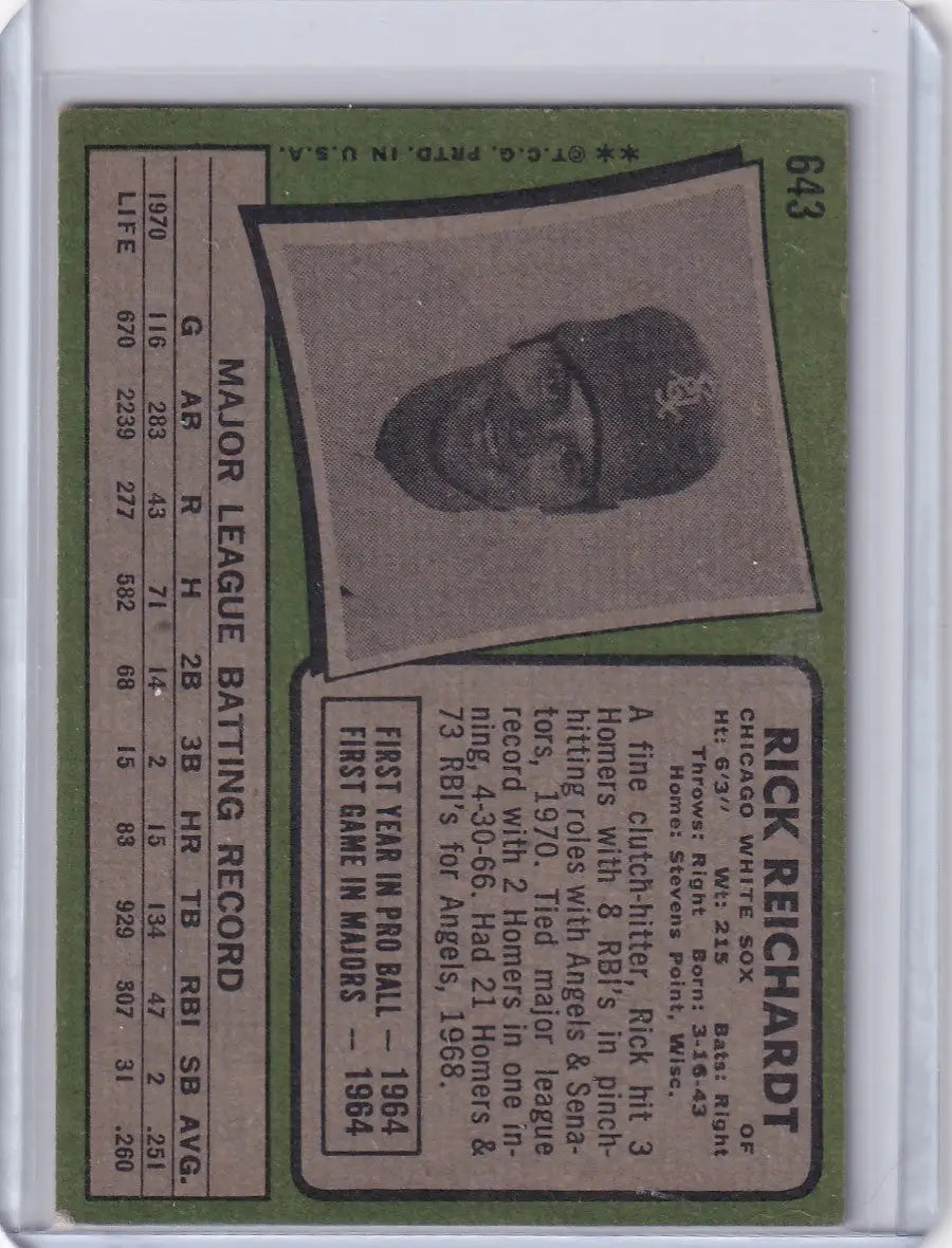 1971 Topps Baseball #643 Rick Reichardt - Chicago White Sox