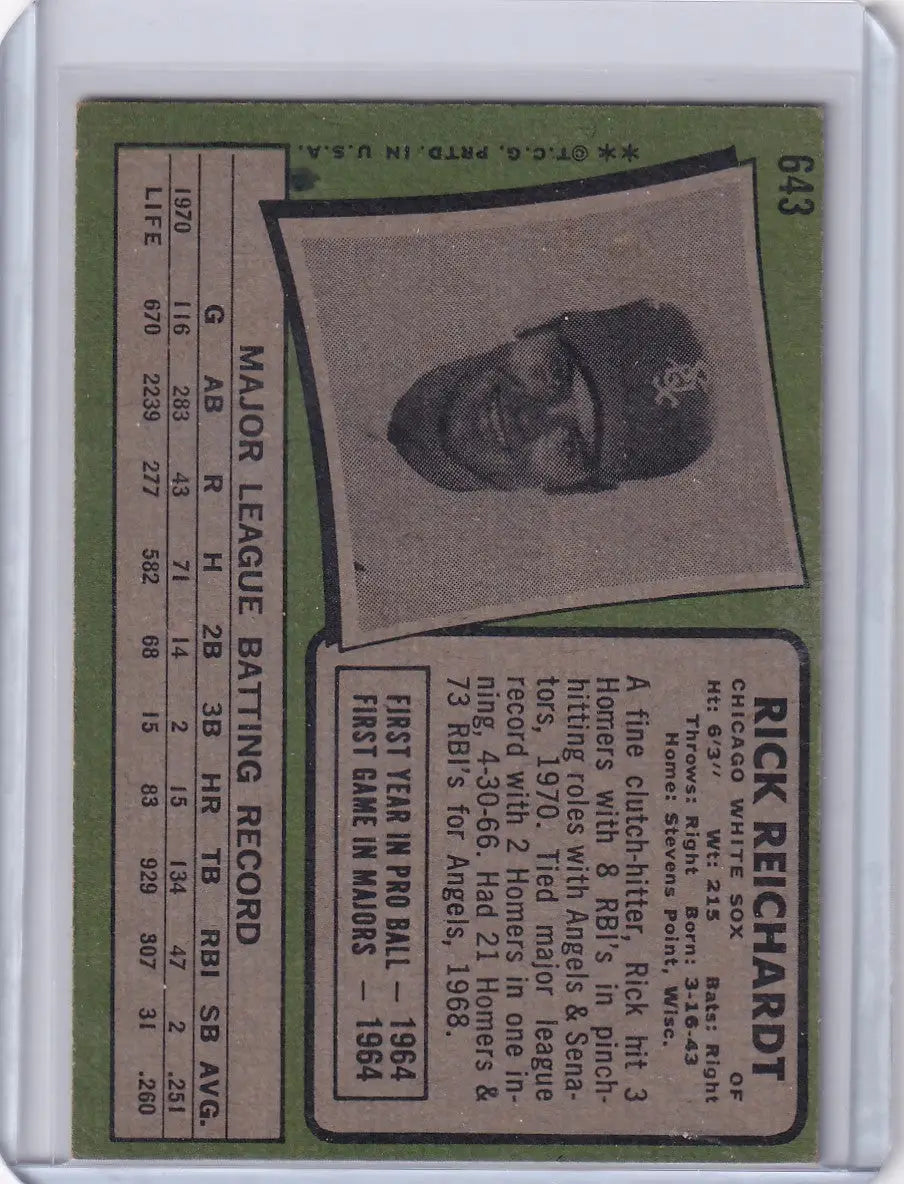 Vintage 1971 Topps Baseball card of Rick Reichardt from Chicago White Sox