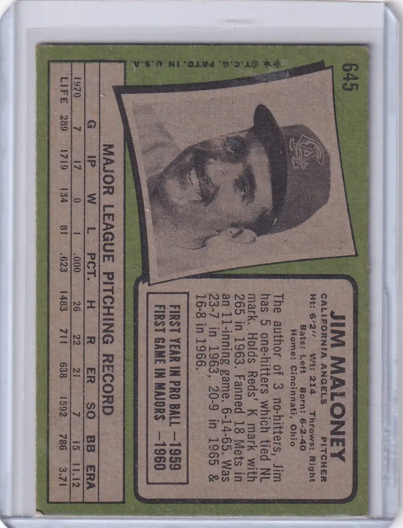 1971 Topps Baseball #645 Jim Maloney - California Angels SP