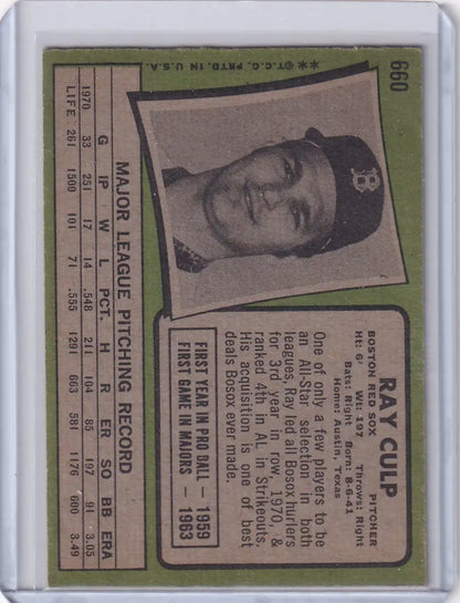 1971 Topps Baseball #660 Ray Culp card featuring Boston Red Sox memorabilia