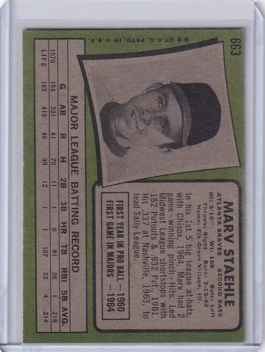 1971 Topps Baseball #663 Marv Staehle - Atlanta Braves