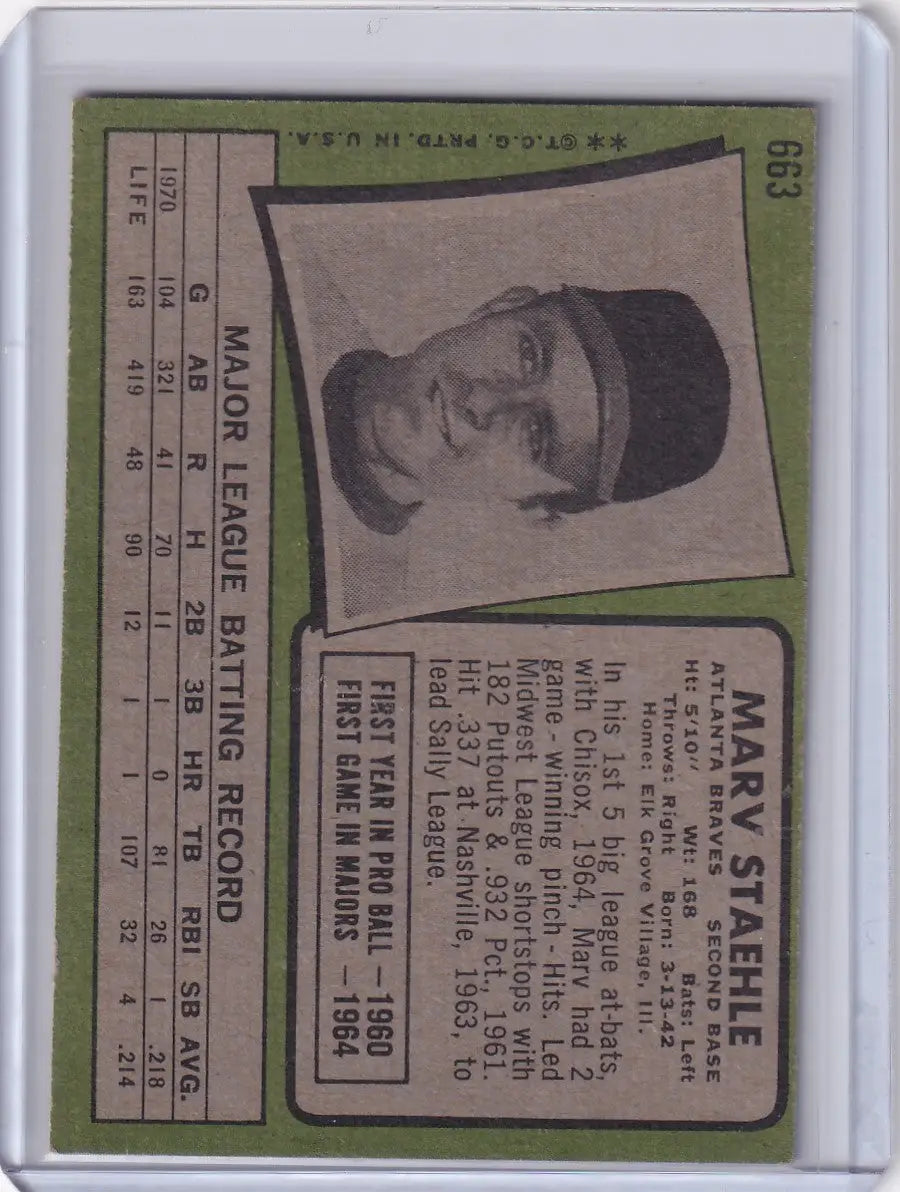 Vintage 1971 Topps Baseball card of Marv Staehle, Atlanta Braves player in cap