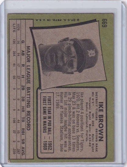 Vintage 1971 Topps Baseball card of Ike Brown with Detroit Tigers design and player photo