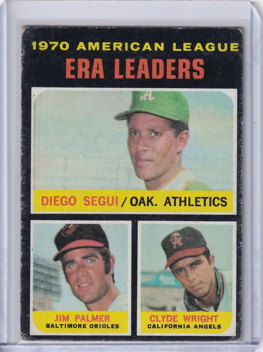 1971 Topps Baseball #67 AL 1970 ERA Leaders card with Segui, Palmer, and Wright