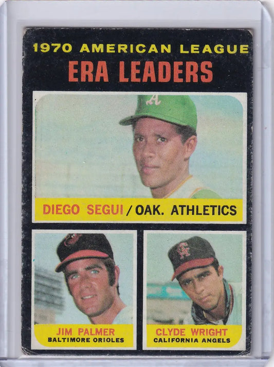 1971 Topps Baseball #67 AL 1970 ERA Leaders card with Segui, Palmer, and Wright