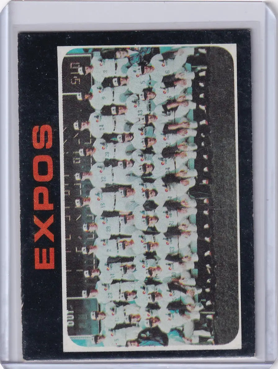 Montreal Expos team photo card in white uniforms from 1971 Topps Baseball #674