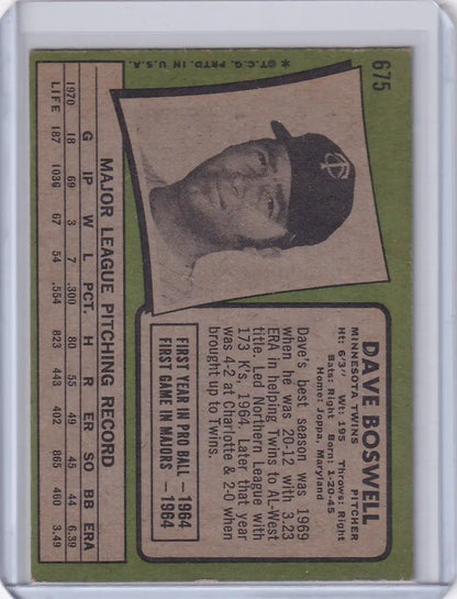 Vintage Topps Baseball card of Dave Boswell with Minnesota Twins stats on green border