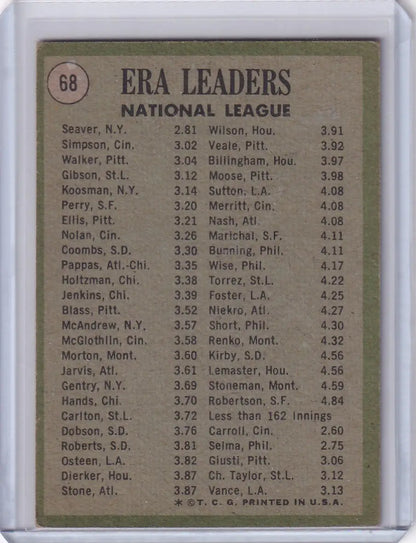 Topps Baseball card featuring NL ERA leaders statistics for Seaver, Simpson, Walker