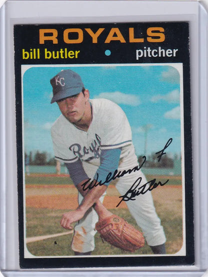 Kansas City Royals pitcher Bill Butler in a pitching stance on 1971 Topps Baseball card