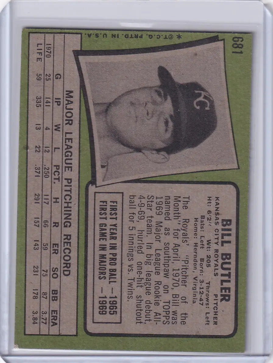 Baseball card of Bill Butler from 1971 Topps Baseball, Kansas City Royals player