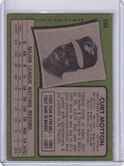 Vintage Topps Baseball card of Curt Motton from the Baltimore Orioles with team logo